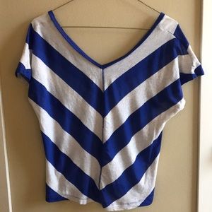 V-neck Blue and Cream Striped T-Shirt